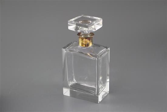 A 1970s silver gilt collared glass rectangular decanter and stopper, marks rubbed, London, 1974, height, 22cm.